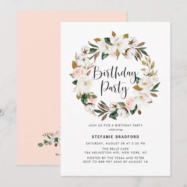 Watercolor Magnolia Cotton Wreath Birthday Party Invitation (Front/Back)