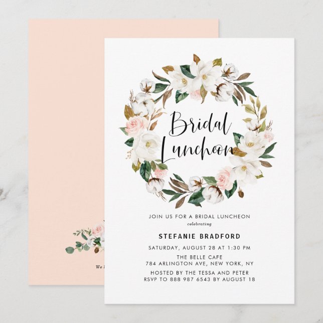 Watercolor Magnolia Cotton Wreath Bridal Luncheon Invitation (Front/Back)