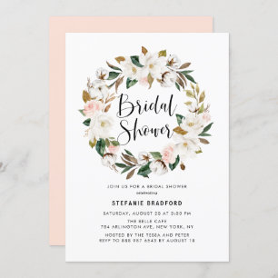 Watercolor Magnolia Cotton Wreath Bridal Shower Invitation