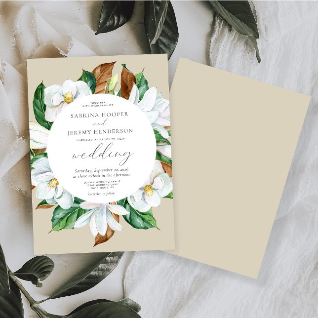Watercolor Magnolia Floral Circle Beige Wedding Invitation (Creator Uploaded)