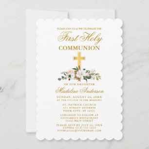 Watercolor Magnolia Floral Communion Gold Cross Invitation