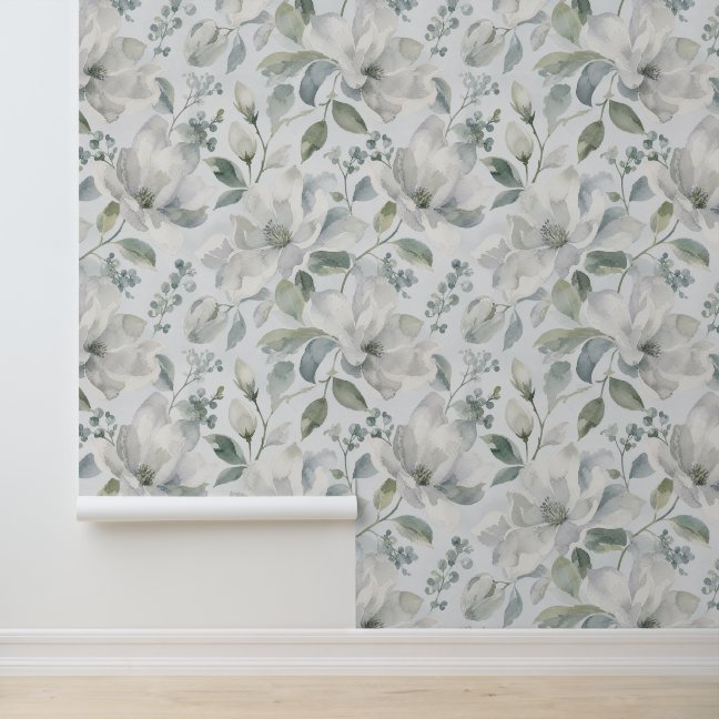 Watercolor Magnolia Floral Pattern in Soft Grey Wallpaper