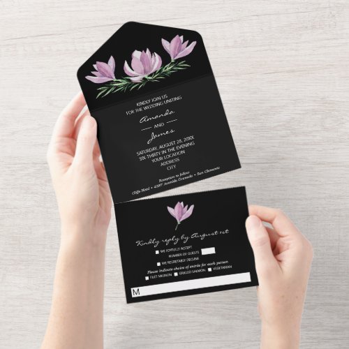Watercolor Magnolia Floral Wedding All In One Invitation