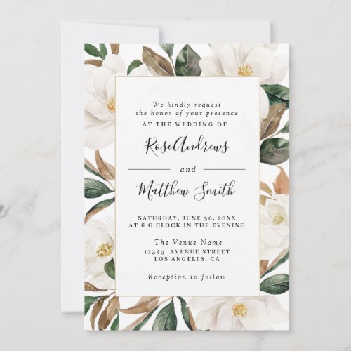 Watercolor magnolia floral wedding invitation