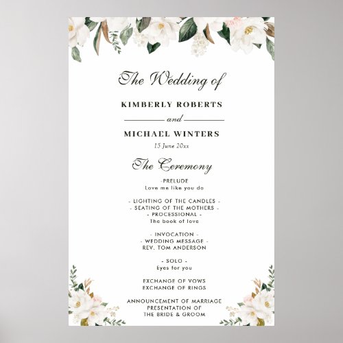 Watercolor magnolia floral wedding program poster