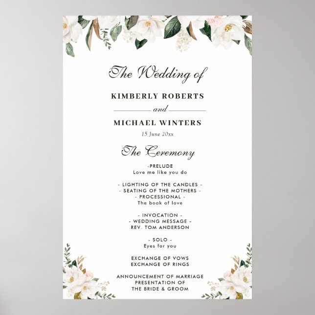 Watercolor magnolia floral wedding program poster (Front)