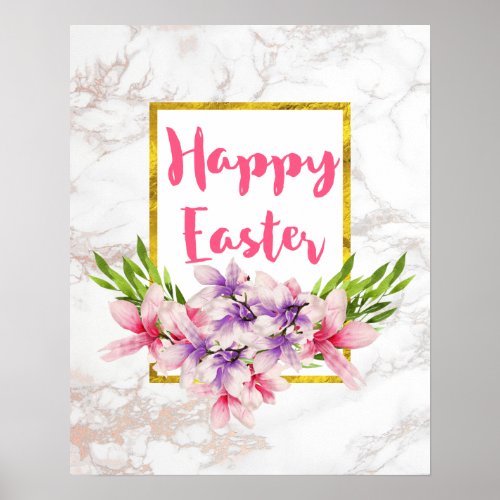 Watercolor Magnolia Florals on White Marble Easter Poster