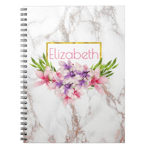 Watercolor Magnolia Florals on White Marble Notebook