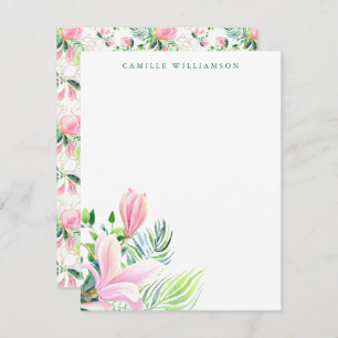 Watercolor Magnolia Flower in Pink Personalized Note Card