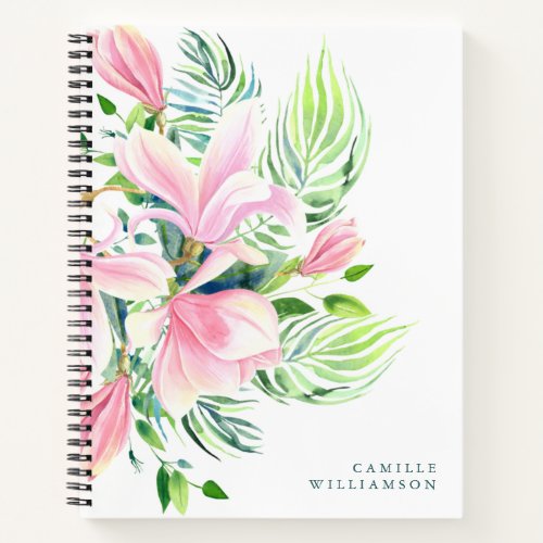 Watercolor Magnolia Flower in Pink Personalized  Notebook