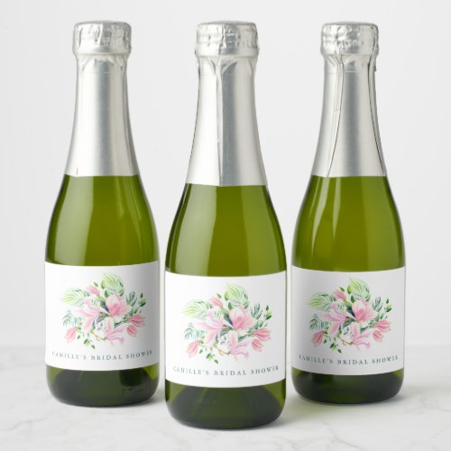 Watercolor Magnolia Flower in Pink Personalized Sparkling Wine Label