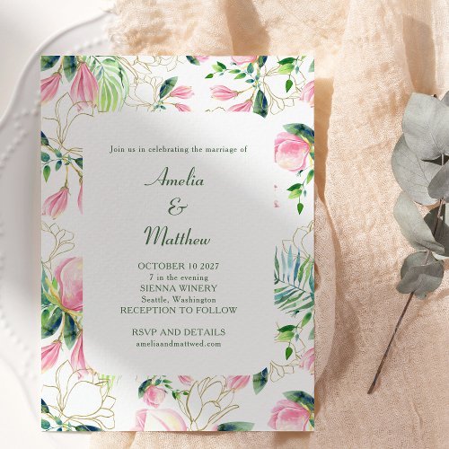 Watercolor Magnolia Flower Pink Gold Wedding Invitation