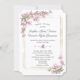 Watercolor Magnolia Flowers Bloom Gold Wedding Invitation