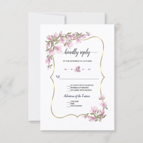 Watercolor Magnolia Flowers Bloom Gold Wedding RSVP Card