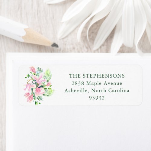 Watercolor Magnolia Flowers Pink Return Address  Label
