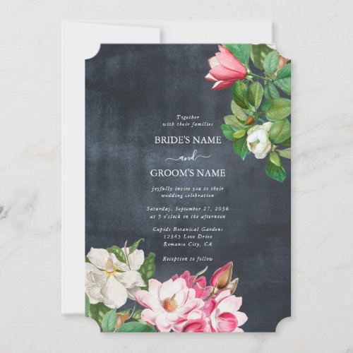 Watercolor Magnolia Flowers Wedding Black White Invitation