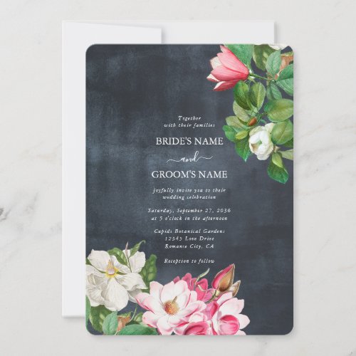 Watercolor Magnolia Flowers Wedding Black White Invitation