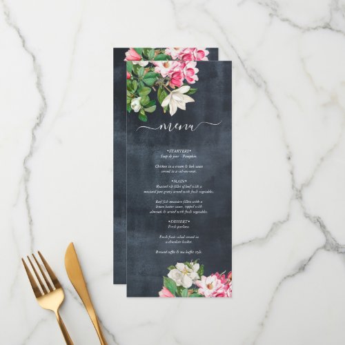 Watercolor Magnolia Flowers Wedding Black White Menu