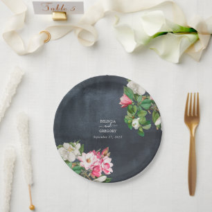 Watercolor Magnolia Flowers Wedding Black White Paper Plates