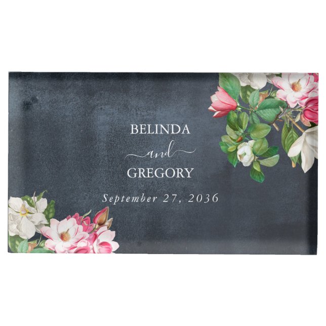 Watercolor Magnolia Flowers Wedding Black White Place Card Holder (Front)
