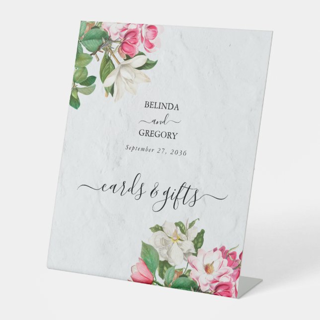 Watercolor Magnolia Flowers Wedding Cards Gifts Pedestal Sign (Front)