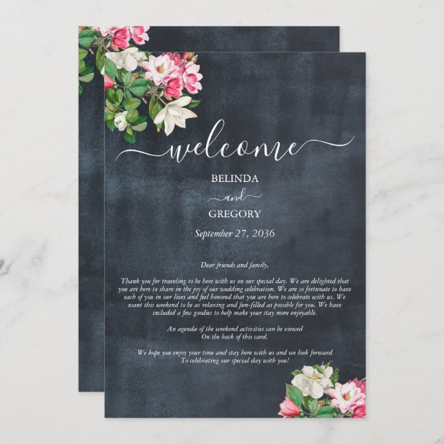 Watercolor Magnolia Flowers Wedding Itinerary Program (Front/Back)