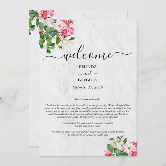 Watercolor Magnolia Flowers Wedding Itinerary  Program (Front/Back)