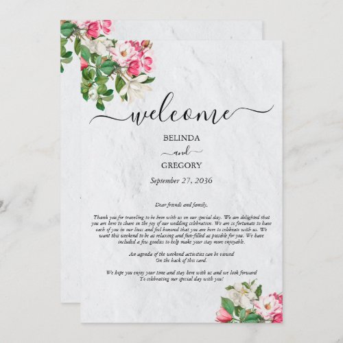 Watercolor Magnolia Flowers Wedding Itinerary  Program