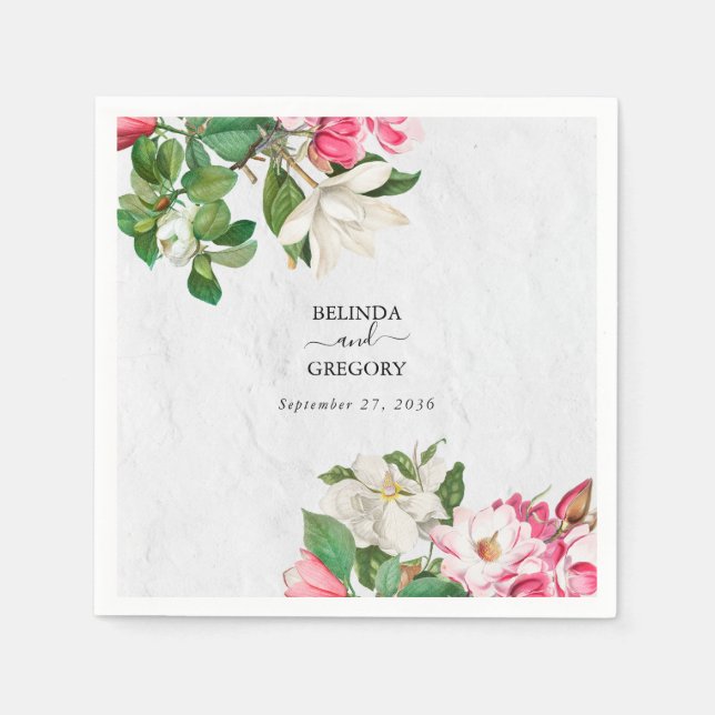 Watercolor Magnolia Flowers Wedding Napkins (Front)