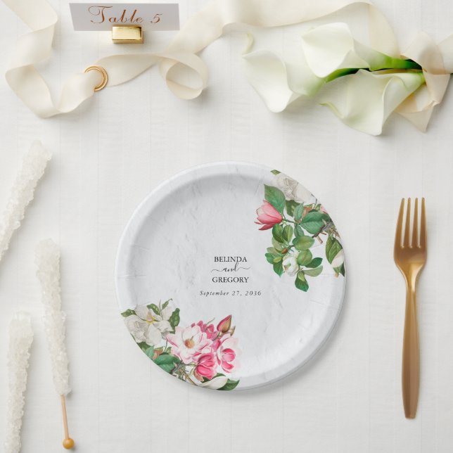 Watercolor Magnolia Flowers Wedding Paper Plates (Wedding)