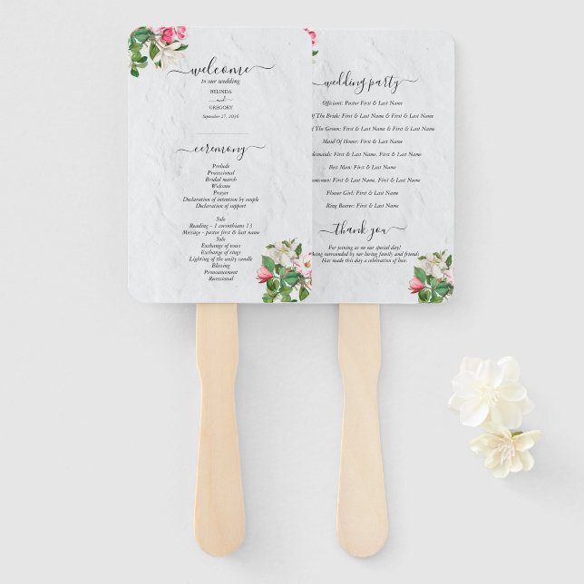 Watercolor Magnolia Flowers Wedding Program Hand Fan (Front and Back)