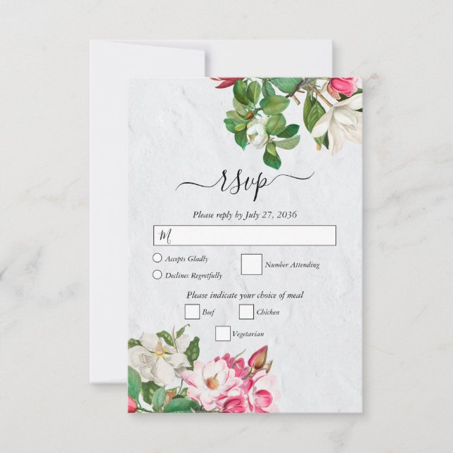 Watercolor Magnolia Flowers Wedding RSVP Card (Front)