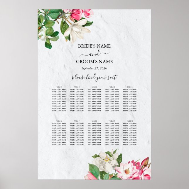 Watercolor Magnolia Flowers Wedding Seating Chart (Front)