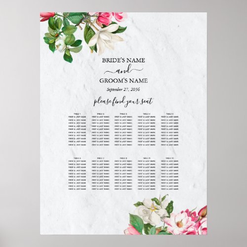 Watercolor Magnolia Flowers Wedding Seating Chart