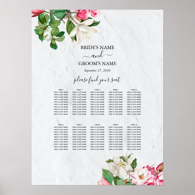 Watercolor Magnolia Flowers Wedding Seating Chart (Front)
