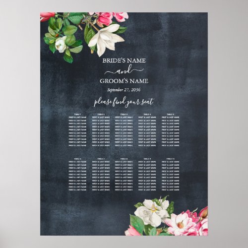 Watercolor Magnolia Flowers Wedding Seating Chart