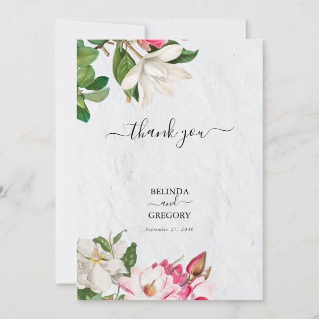 Watercolor Magnolia Flowers Wedding Thank You Card (Front)