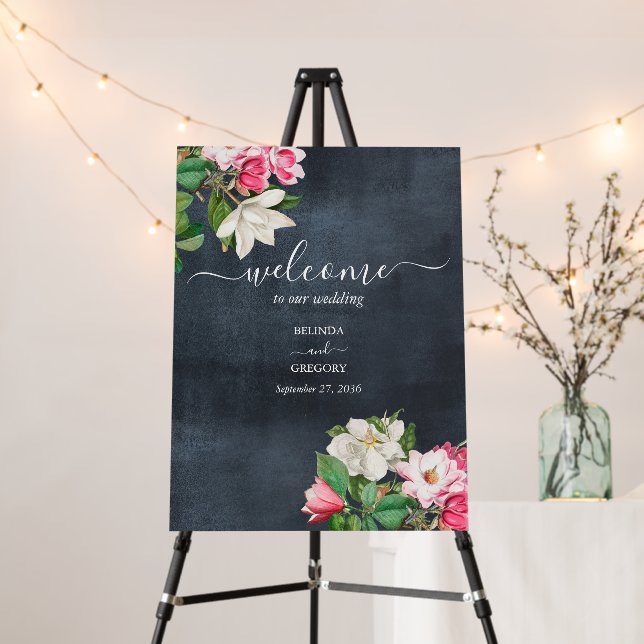 Watercolor Magnolia Flowers Wedding Welcome Sign (In Situ (Stand))
