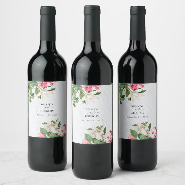 Watercolor Magnolia Flowers Wedding Wine Label (Bottles)