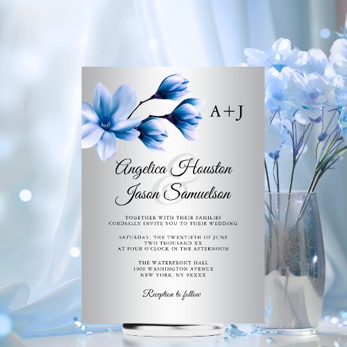Watercolor Magnolia Navy Blue Silver Grey Wedding Invitation