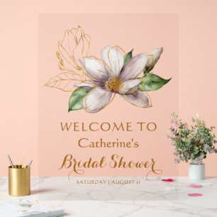 Watercolor Magnolia Purple Floral Bridal Shower Acrylic Sign