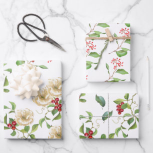 Watercolor Magnolia, Red Berries and Foliage Wrapping Paper Sheets