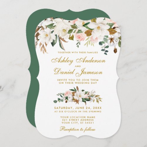 Watercolor Magnolia Rose Floral Gold Wedding Invitation