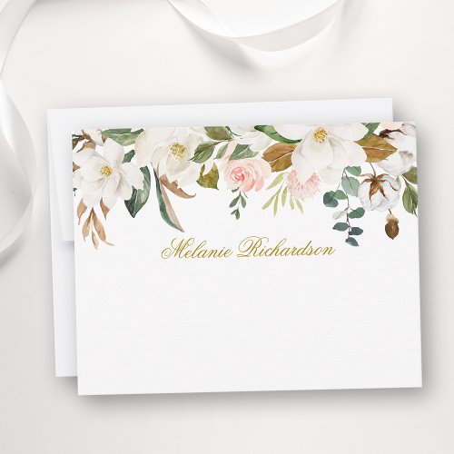 Watercolor Magnolia Rose Floral Personalized Gold Note Card