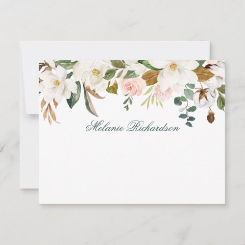 Watercolor Magnolia Rose Floral Personalized Green Note Card