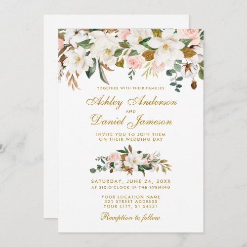 Watercolor Magnolia Rose Floral Photo Wedding Gold Invitation