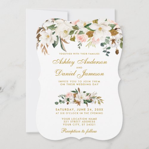 Watercolor Magnolia Rose Floral Wedding Gold Invitation