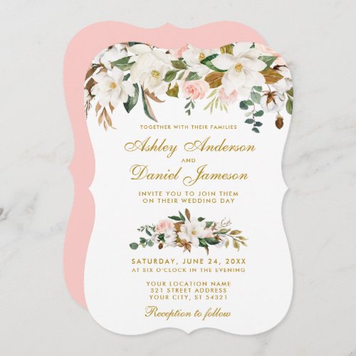 Watercolor Magnolia Rose Floral Wedding Pink Gold Invitation