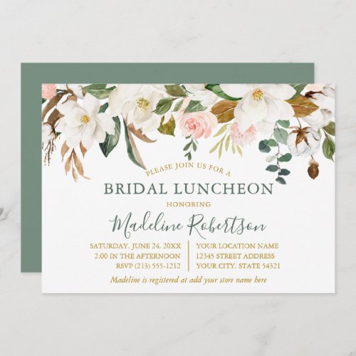 Watercolor Magnolia Roses Bridal Lunch Sage Green Invitation