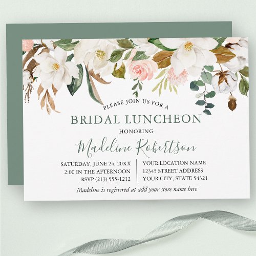 Watercolor Magnolia Roses Sage Green Bridal Lunch Invitation